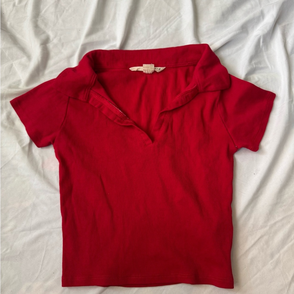 Aerie Red Collared Short Sleeve Top